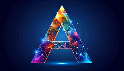A vibrant, geometric depiction of the letter A, composed of interconnected colorful polygons and glowing lines, set against a deep navy blue backdrop.