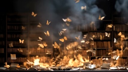 A library ablaze, with butterflies taking flight amidst the flames. - Powered by Adobe