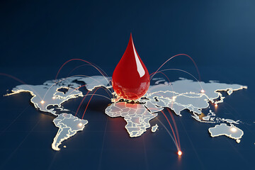 Global blood donation concept with world map, red blood drop, and network connections, medical healthcare concept, saving lives