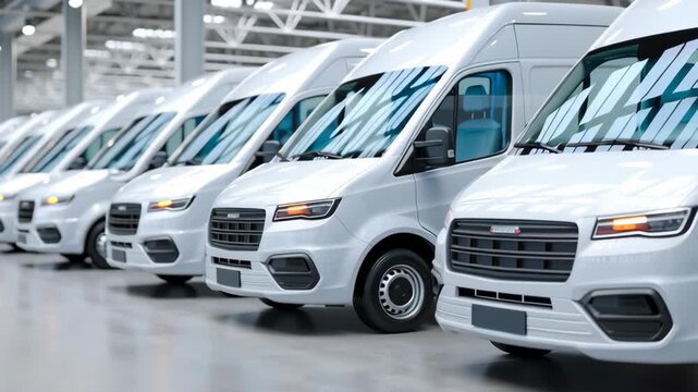 Smart logistics and efficient fleet management with an organized row of new commercial van vehicles prepared for delivery inside modern warehouse