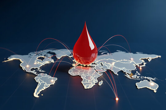 Global blood donation concept with world map, red blood drop, and network connections, medical healthcare concept, saving lives