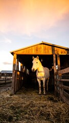 Horse in a stable at sunset