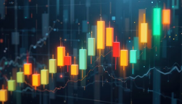 3D candlestick stock chart with floating glowing bars