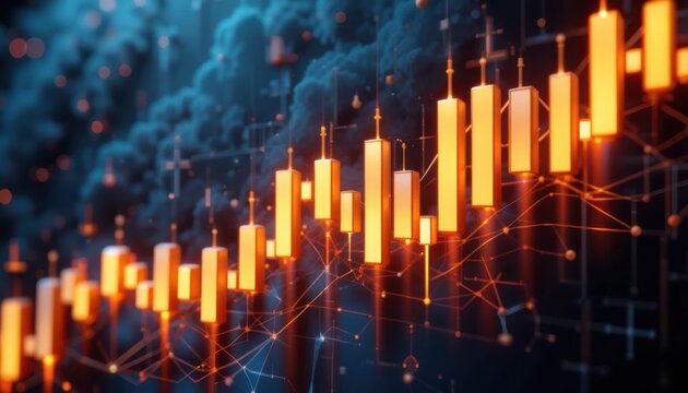 3D candlestick stock chart with floating glowing bars