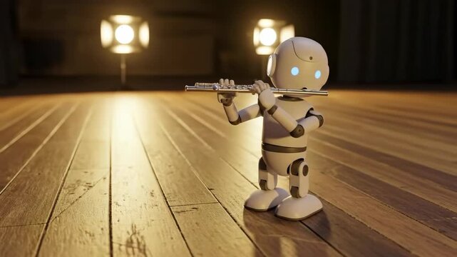 A small and cute humanoid robot with glowing blue eyes sits on a wooden stage and plays a beautiful song on a silver flute

