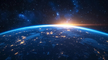Fototapeta premium Space Dawn: Panoramic Earth Sunrise With Starry Sky Intertwined