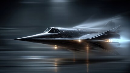 A sleek, dark aircraft streaks across a dramatic, motion-blurred landscape, showcasing advanced design and speed.