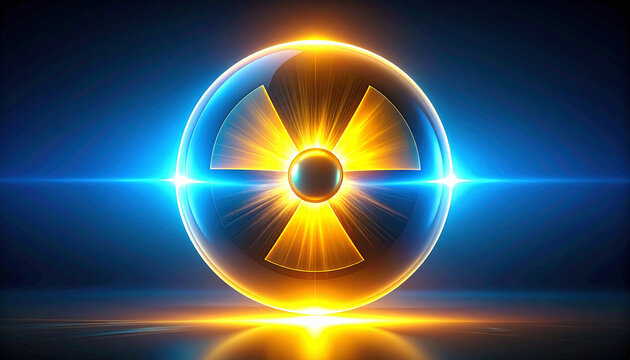 Glowing nuclear radiation symbol inside a transparent sphere, radiating energy and warning of danger.