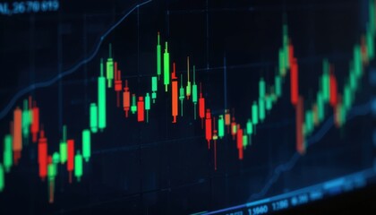 Candlestick stock chart with green and red candles on dark screen