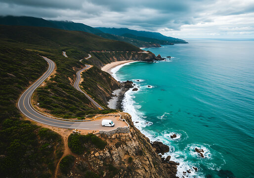 Aerial view of a camper van on a scenic coastal road by the sea