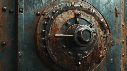 Closeup of a rusty vintage vault door with a complex locking mechanism