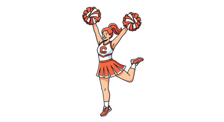 Enthusiastic Cheerleader Raising Pom-Poms in Energetic Display of Team Spirit and Animated Joyful Support for Sporty Collegiate Event Celebrating