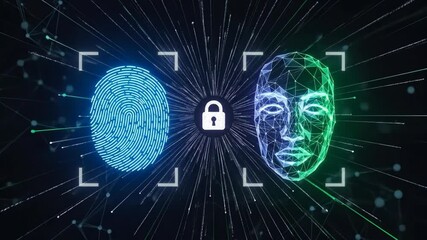 A digital fingerprint and facial recognition scan are used for two-factor biometric authentication to ensure cybersecurity and protect personal data online

 - Powered by Adobe