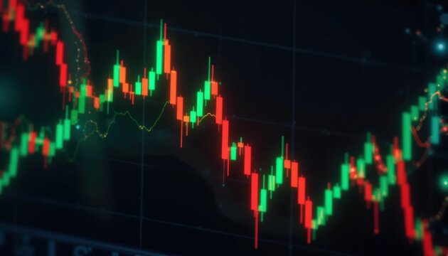 Candlestick stock chart on a dark background, neon green and red highlights - Powered by Adobe
