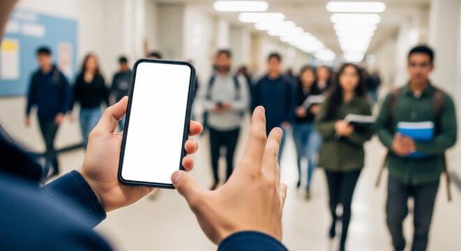 Student's Hand Holds Blank Smartphone Screen in School Hallway