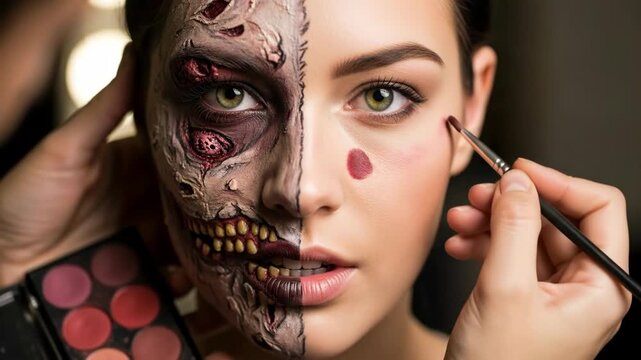 A makeup artist creates a scary zombie transformation with special effects for halloween showing a before and after comparison of the gruesome and beautiful look

