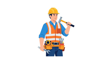 Fototapeta premium Professional builder character posing with tools, showcasing construction expertise and occupational safety in vibrant vector style
