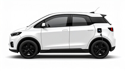 Side view of a modern white electric car with black wheels and charging port.