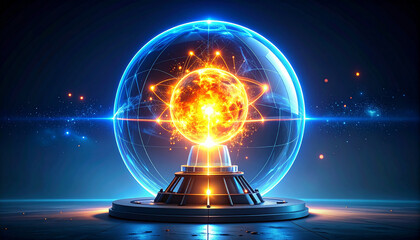A detailed digital illustration of a futuristic fusion reactor, glowing with energy.