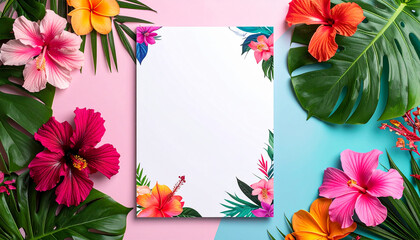 Obraz premium Vibrant floral arrangement with colorful tropical flowers and lush green leaves, blank paper.