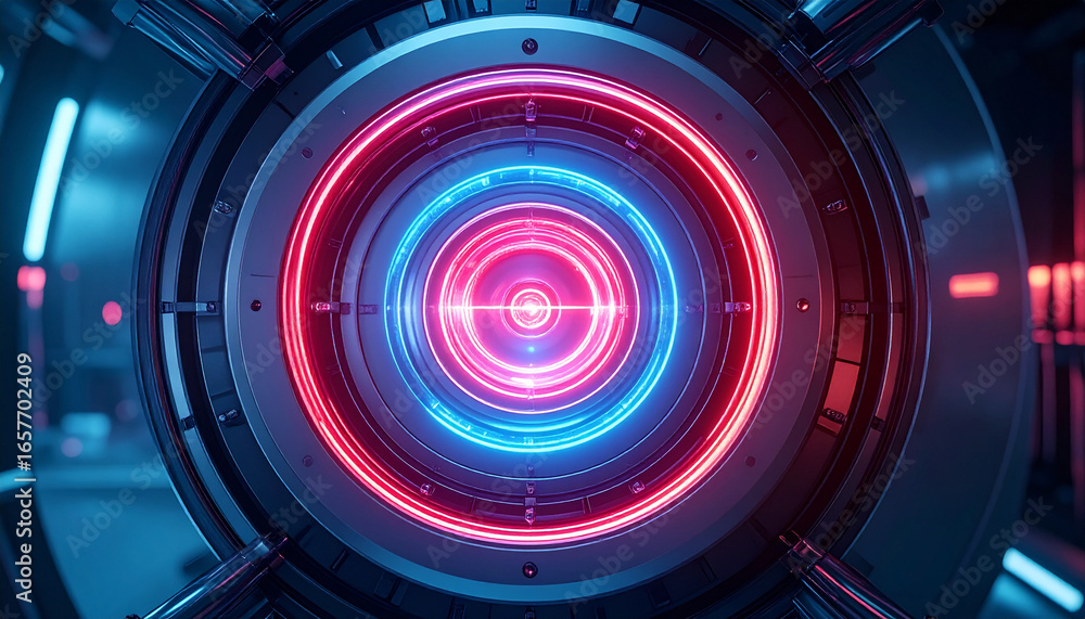 Poster close-up view of a futuristic machine with glowing red and blue concentric circles.