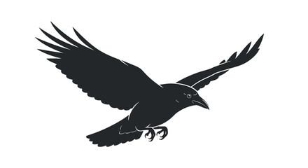 Fototapeta premium Majestic Crow in Flight: A Dark Avian Silhouette Against a Pure White Background