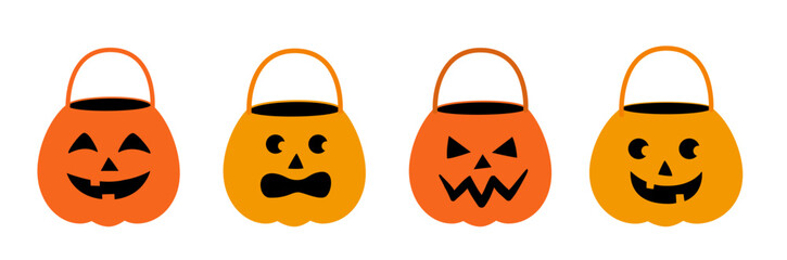 Set of cute Jack O' Lantern candy bucket  flat vector stock illustration.
Halloween pumpkinb bucket.
Good for greeting card, poster, banner, leaflet.
White background.
