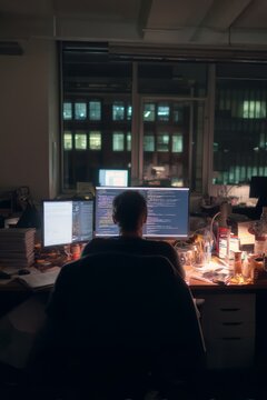 A late night office with a single developer coding A machine learning algorithm is running simulations to test product durability The mood, Generative AI