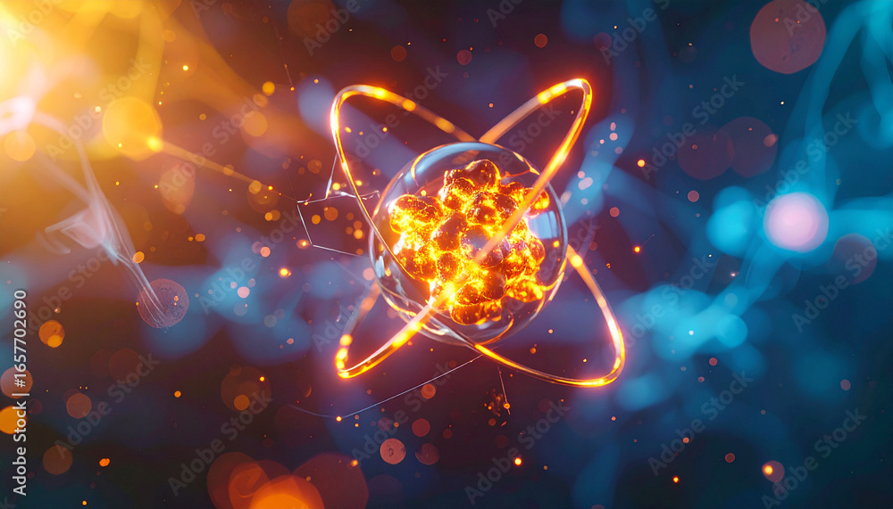 Fototapete intricate digital rendering of an atom, showcasing energy and particle interactions within its core.