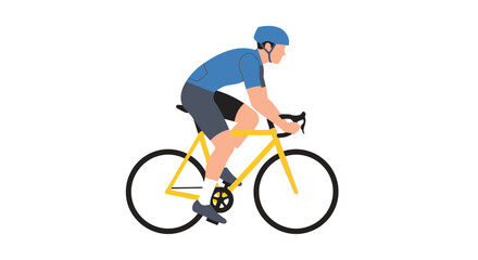 Fototapeta premium Vector Illustration of a Cyclist with Blue Helmet and Shirt Riding a Yellow Bicycle on a White Background