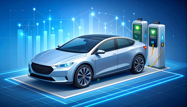 An artistic rendering of a modern electric vehicle charging at a station with digital data visualization.