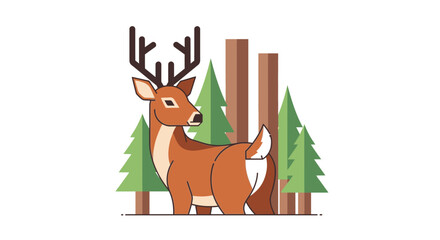 Naklejka premium Stylized deer amidst a graphical forest, simple, charming vector illustration, nature themed design, woodland wildlife art piece