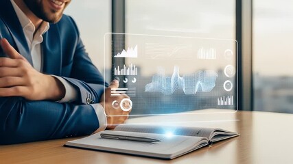Smiling Businessman in Blue Suit Analyzing Digital Data on Transparent Interface during a Business Meeting - Powered by Adobe
