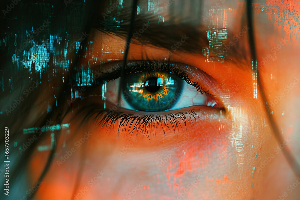 Poster generative ai glitch art composition of male female face merged with digital code and futuristic vis