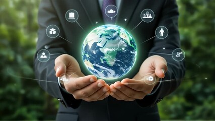 Businessman Holding a Glowing Earth Symbol Surrounded by Sustainable Icons in Hands with Lush Green Background - Powered by Adobe
