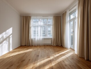 A room with a window and white curtains. The curtains are open and the room is empty. The floor is made of wood