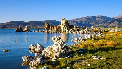 Majestic Mono Lake Tufa Towers Under a Clear Blue Sky, California.