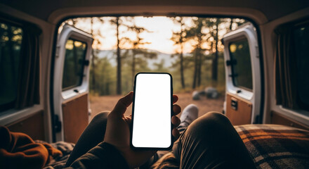 Van Life Sunset: Blank Smartphone Screen Mockup in Nature