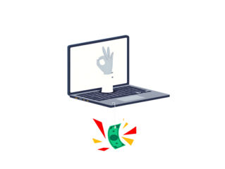 Laptop with money bait and ok hand gesture isolated on a transparent background hook fishing