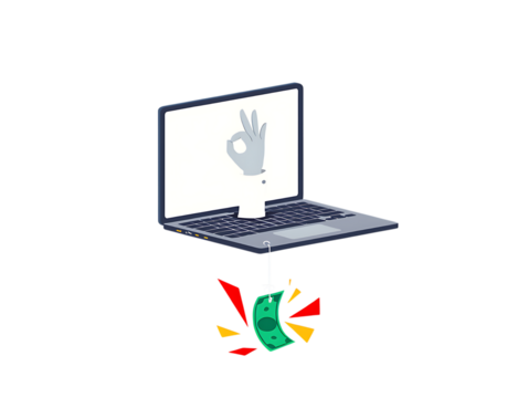 Laptop with money bait and ok hand gesture isolated on a transparent background hook fishing