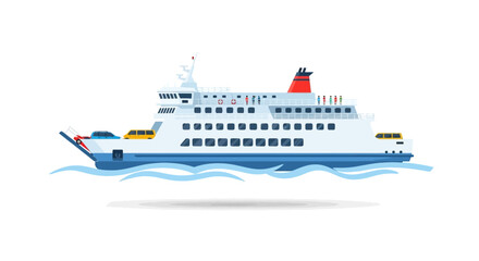 Vector illustration of a passenger car ferry at sea transporting vehicles and people across the waterscape with ripple effects in a marine environment