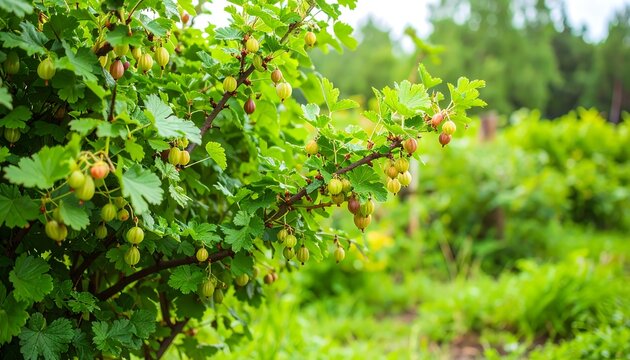A close-up view of a gooseberry bush laden with ripe, green fruit, situated outdoors. - Powered by Adobe