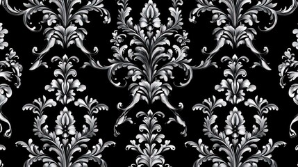 Elegant silver damask pattern on black background.