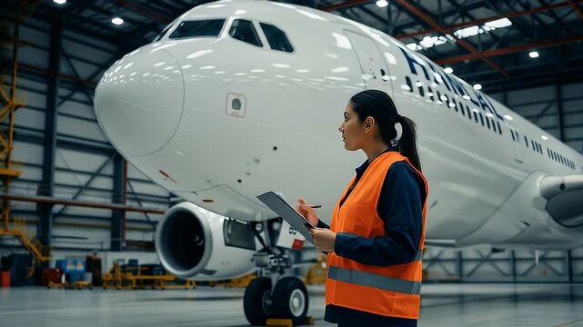Female Aviation Professional Inspecting Aircraft Inside Hangar With Bright Safety Vest and Checklist