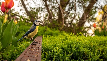 A vibrant blue tit perches on a rusty metal beam amidst a garden of tulips and greenery.