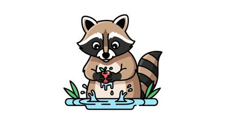 Obraz premium Cartoon raccoon washing a juicy apple in clear water puddle near green plants in bright daylight scene isolated on white backdrop