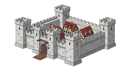 Stylized isometric medieval fortress illustration with red roofs, towers and gated drawbridge, showcasing fantasy architecture and protection design