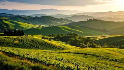 Fototapeta premium Rolling hills of Tuscany at dawn, showcasing vibrant green fields and vineyards, a peaceful landscape bathed in golden sunlight.