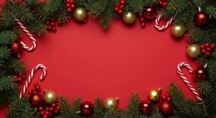 Red Christmas Frame with Greenery, Baubles, and Berries