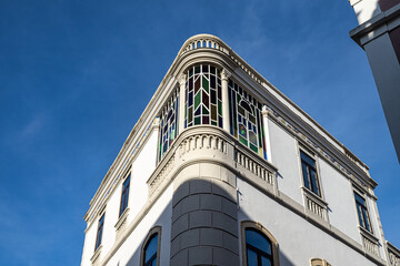 View of modern and historic buildings in the center of Silves, Algarve region, Portugal.